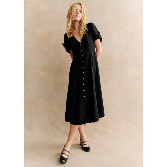 Sezane Vic Short Sleeve Button Front V-Neck Midi Dress Black - 4 - Picture 2 of 5